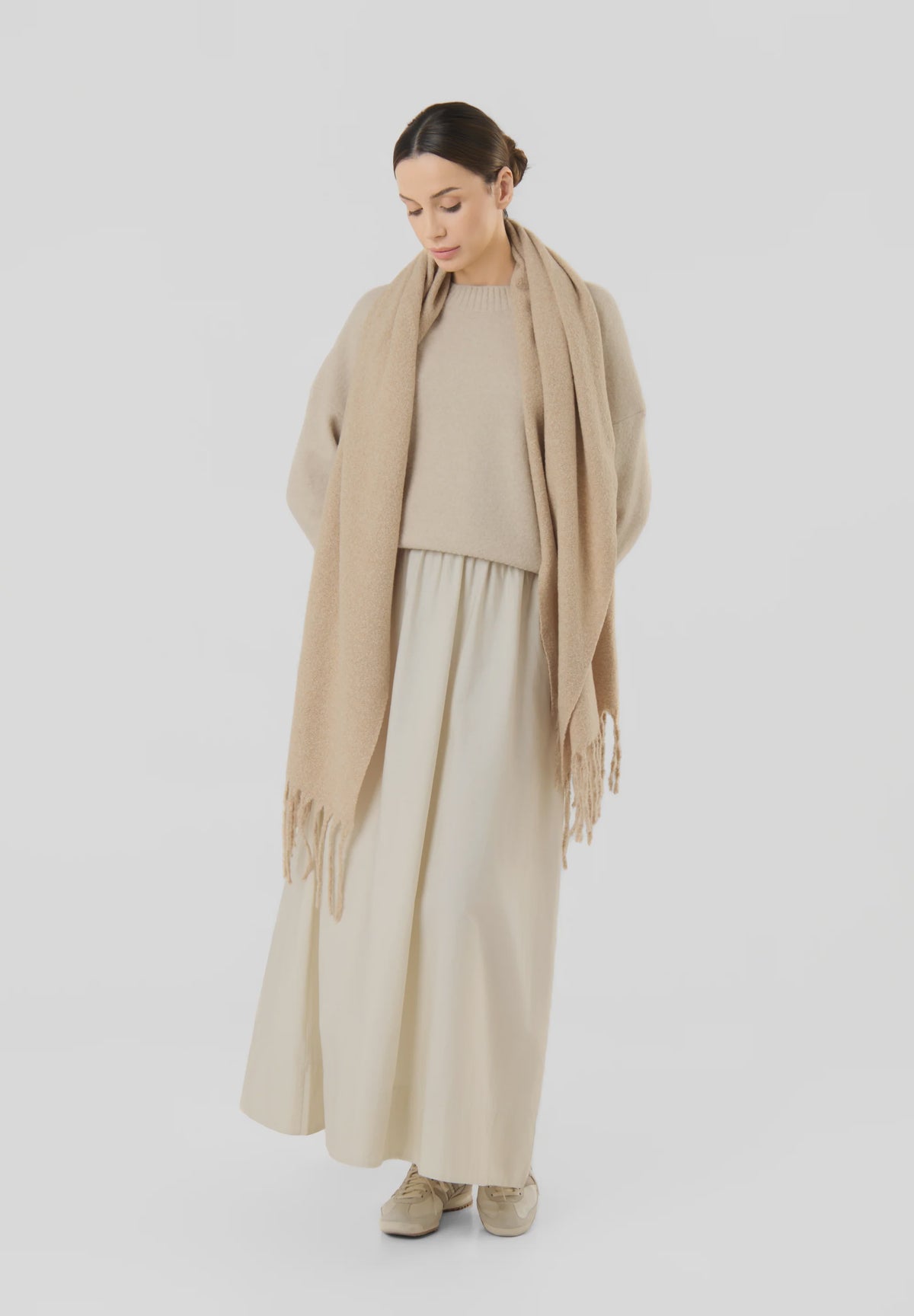 Effen geweven sjaal met franjes - Beige