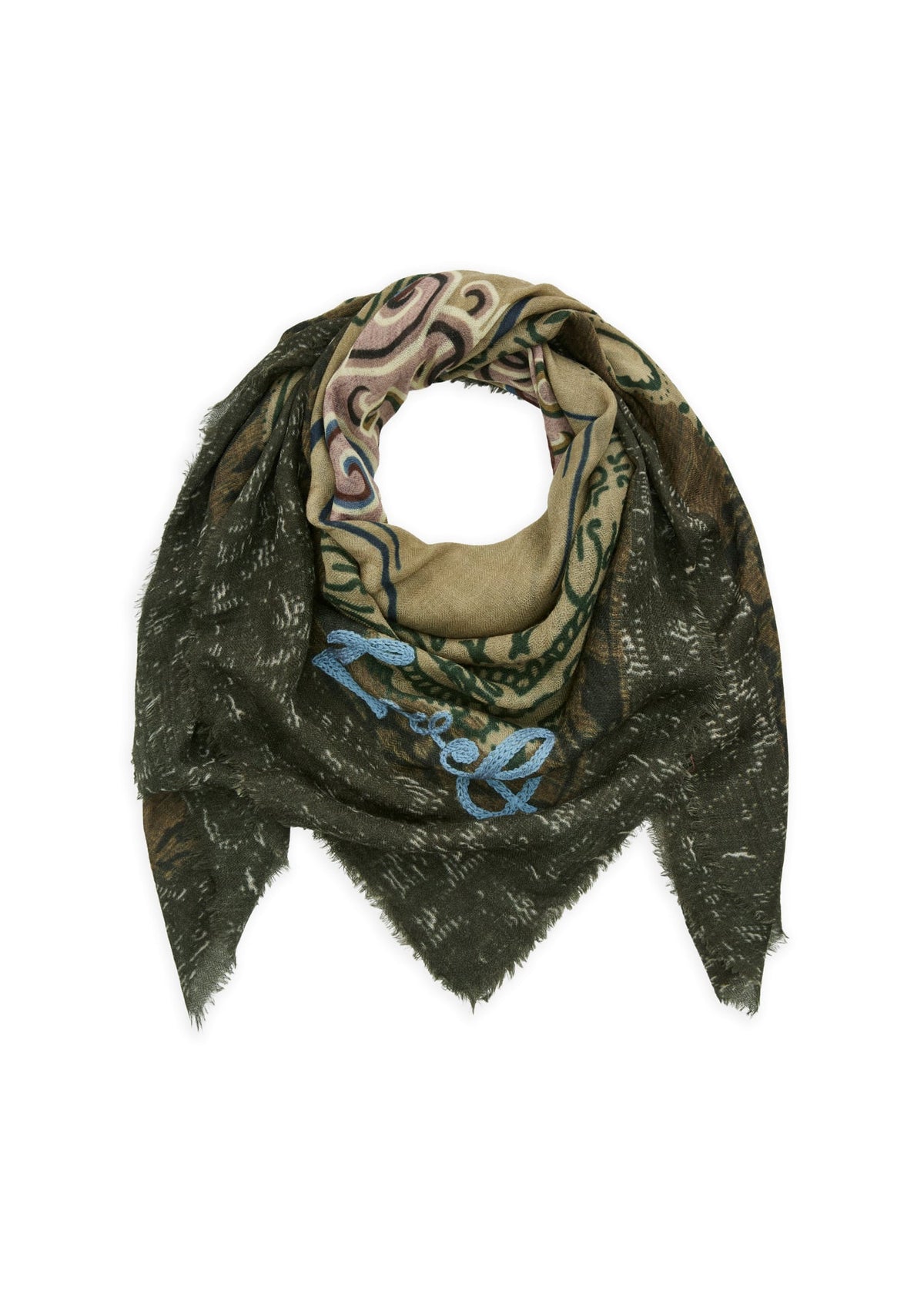 Sjaal in khaki tinten met blauw accent