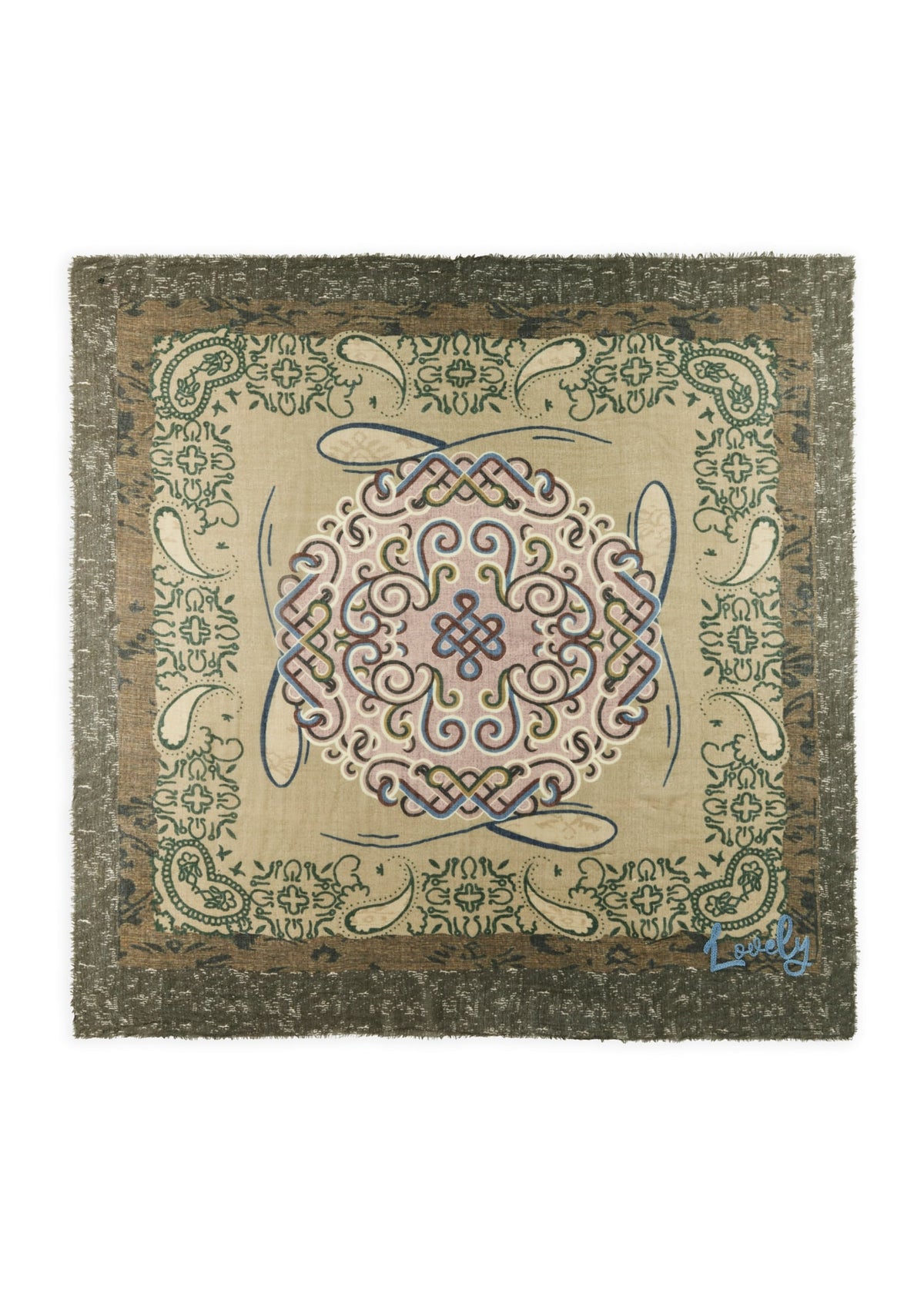 Sjaal in khaki tinten met blauw accent