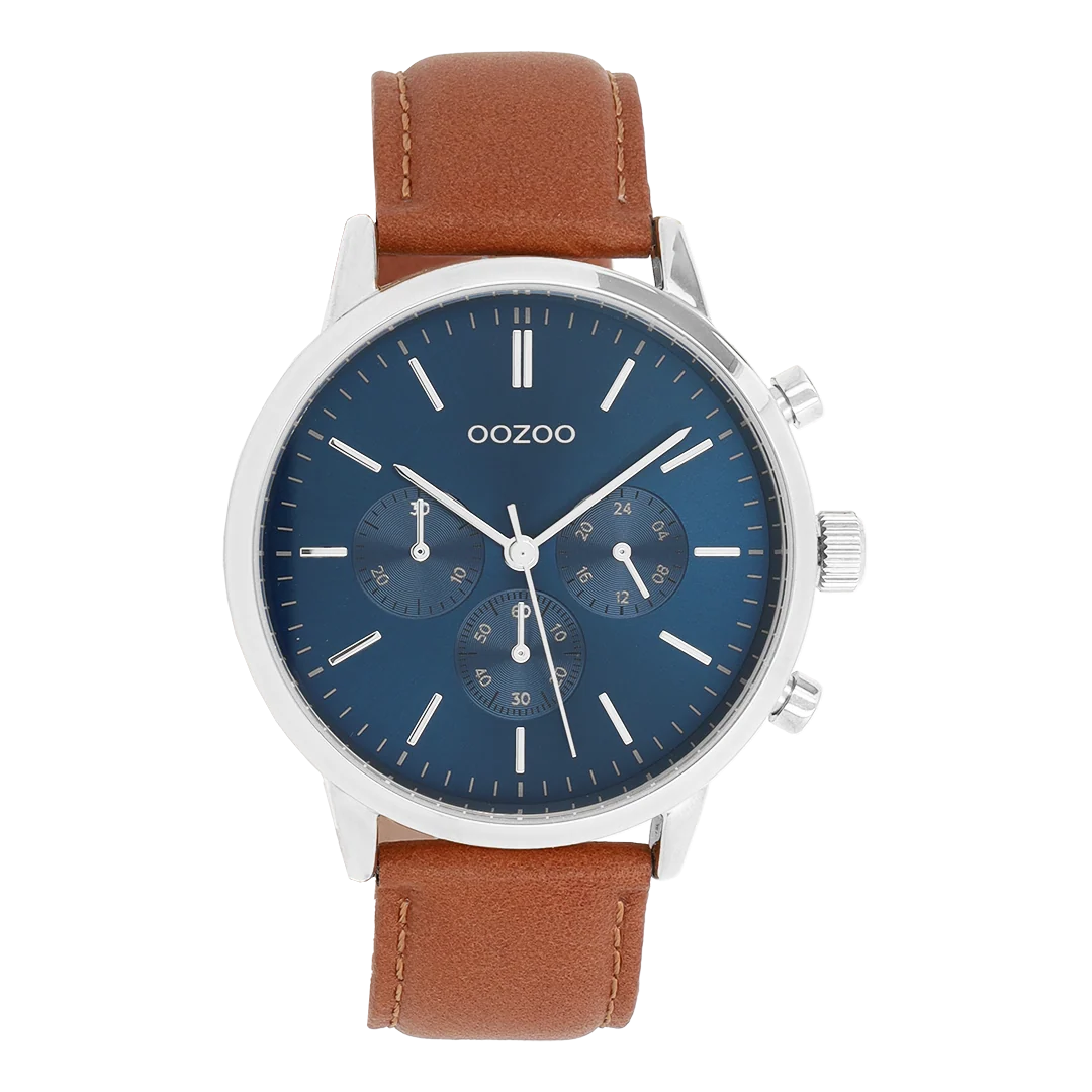 Zilverkleurige OOZOO horloge met bruine lederen band