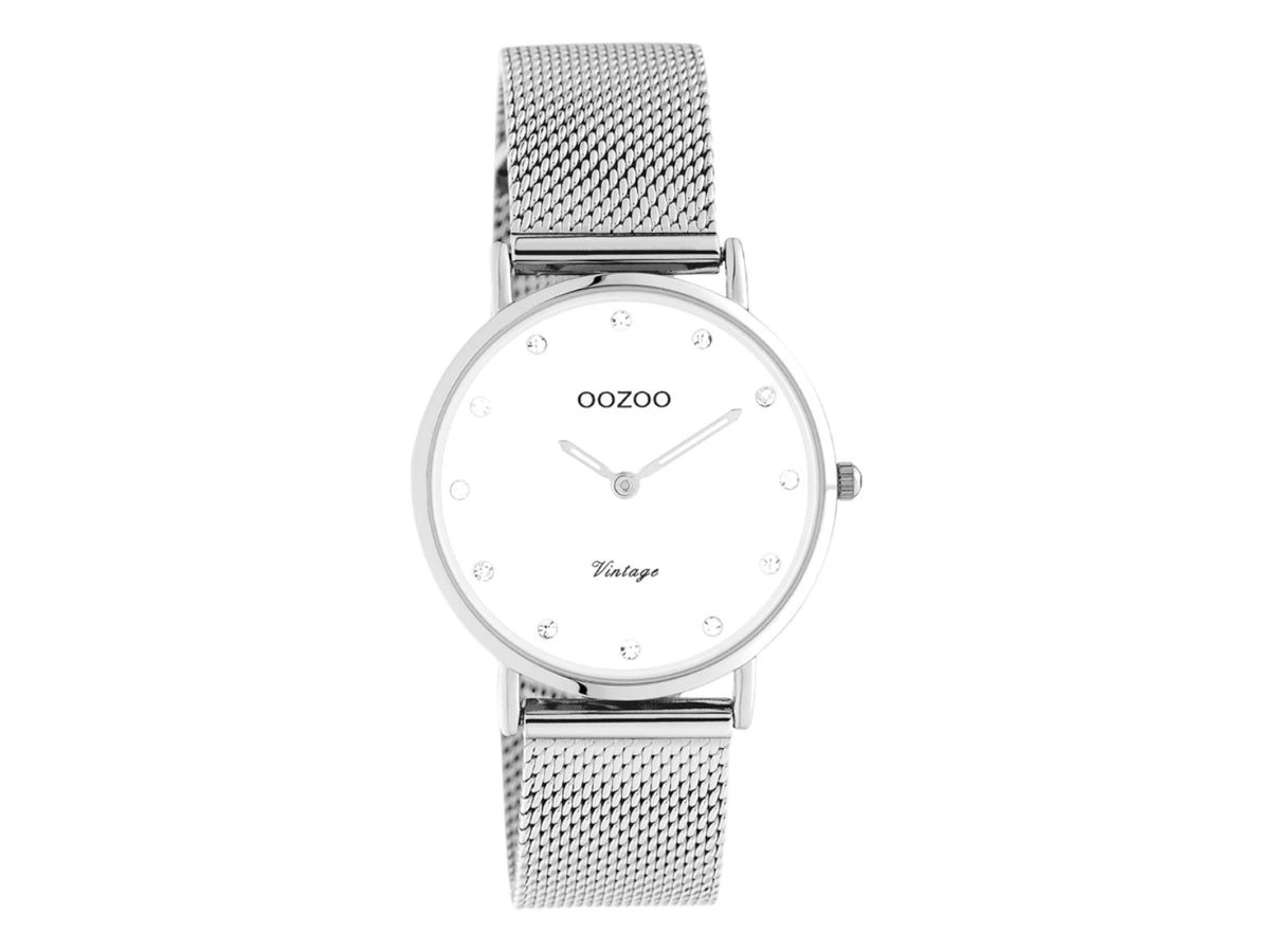 Zilverkleurige horloge met zilverkleurige metalen mesh armband