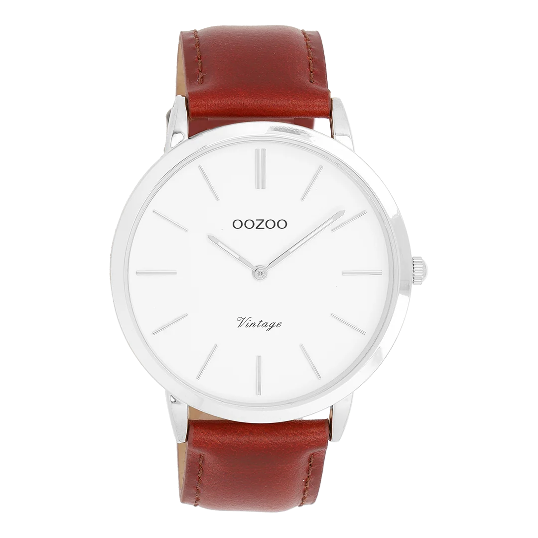 Zilverkleurige OOZOO horloge met leren band in bruin