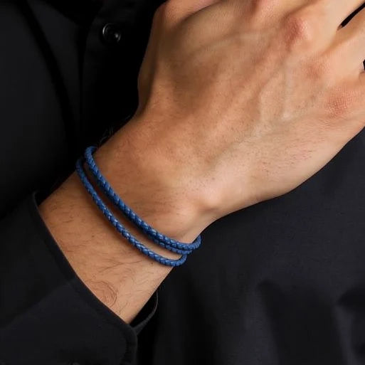 Blauwe gevlochten leren armband