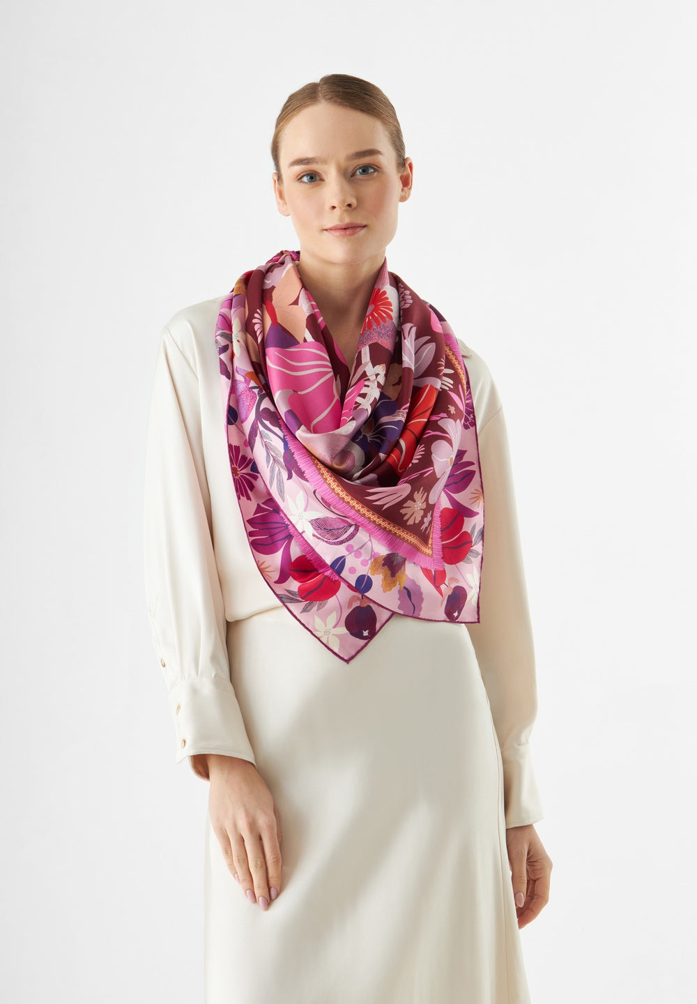Scarf Printed Square Flowers Red