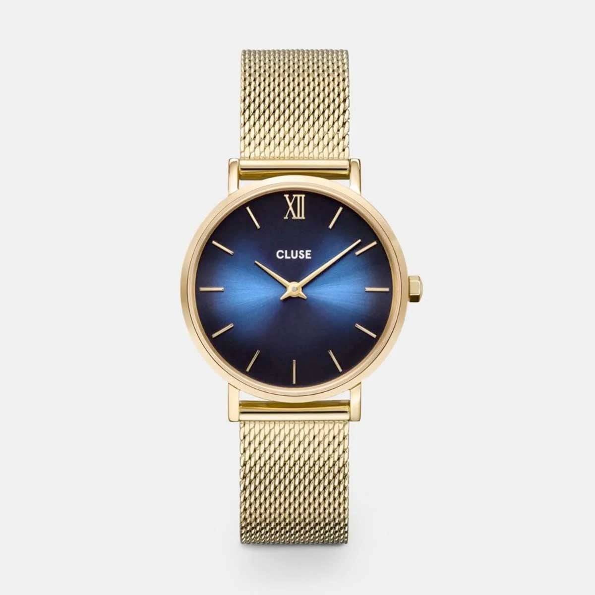 Montre Minuit maille milanaise or/bleu fumé profond