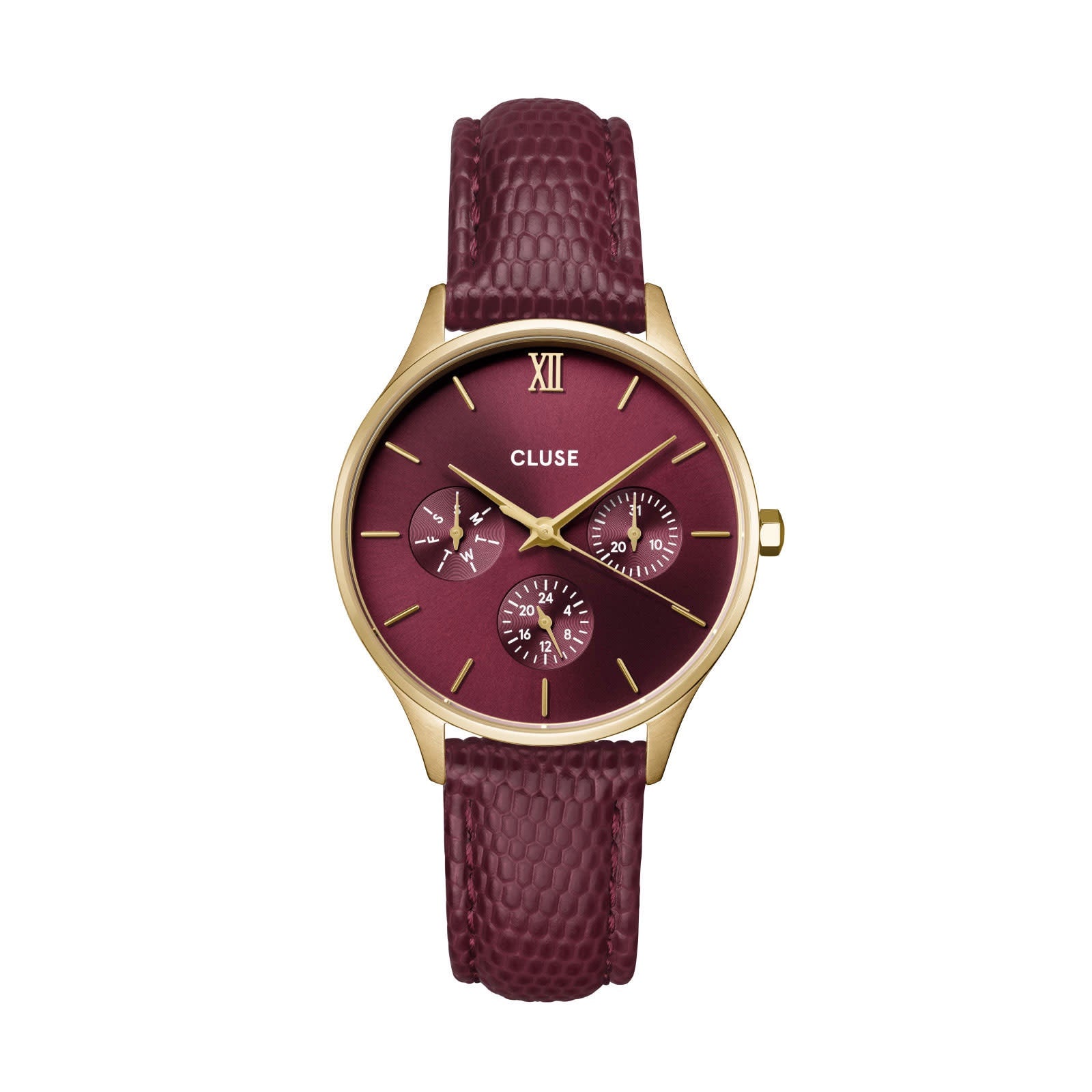 Uurwerk Minuit multifunction leather, dark cherry lizard, gold