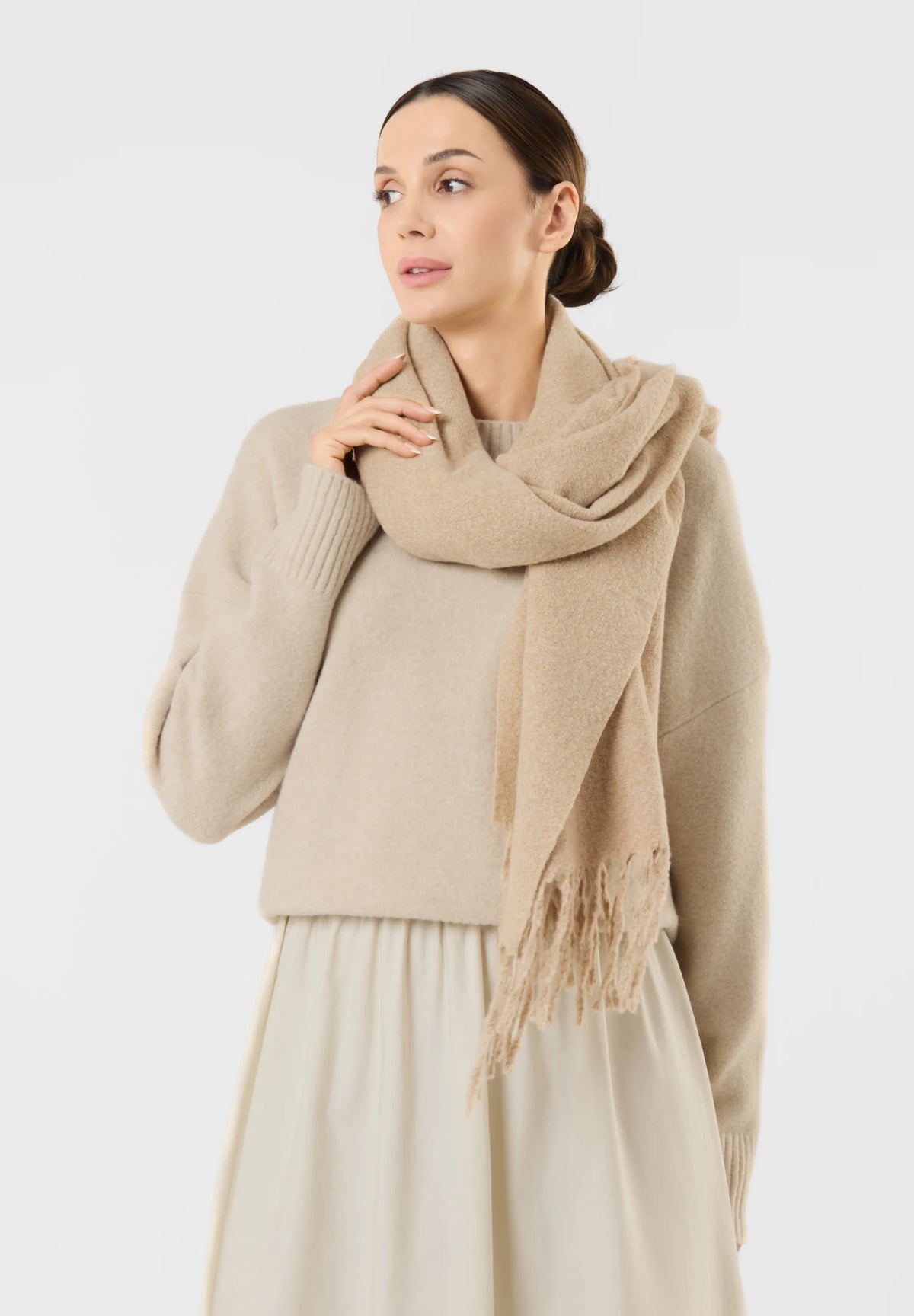 Effen geweven sjaal met franjes - Beige