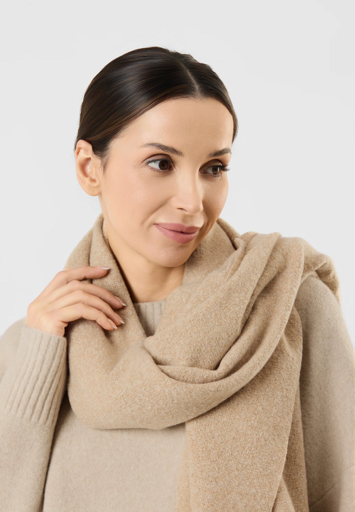 Effen geweven sjaal met franjes - Beige