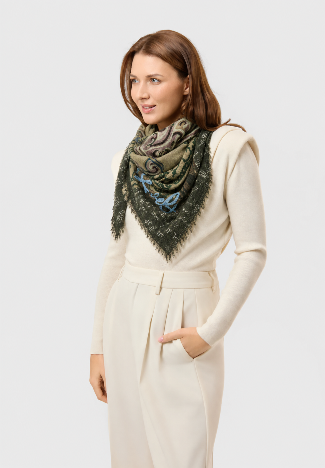Sjaal in khaki tinten met blauw accent