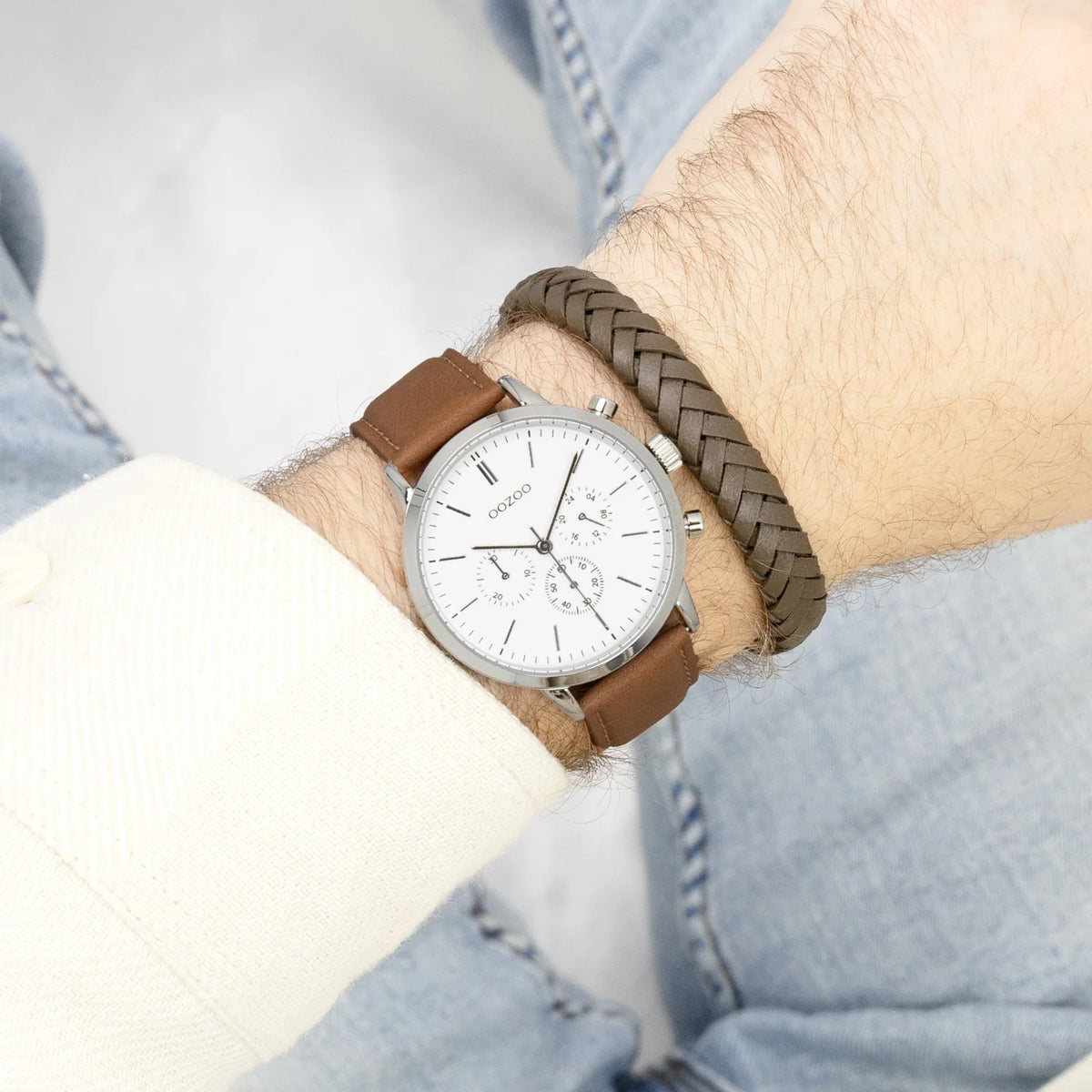 Zilverkleurige OOZOO horloge met bruine leren band