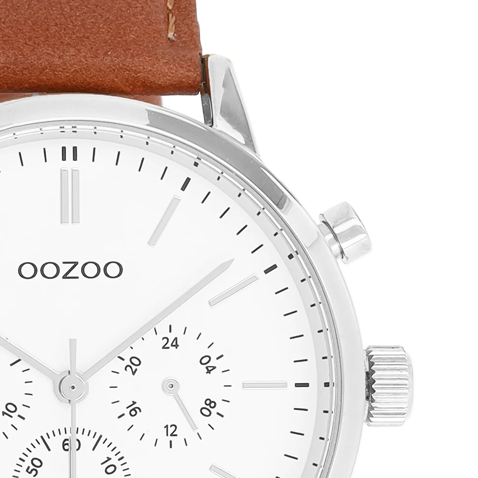 Zilverkleurige OOZOO horloge met bruine leren band
