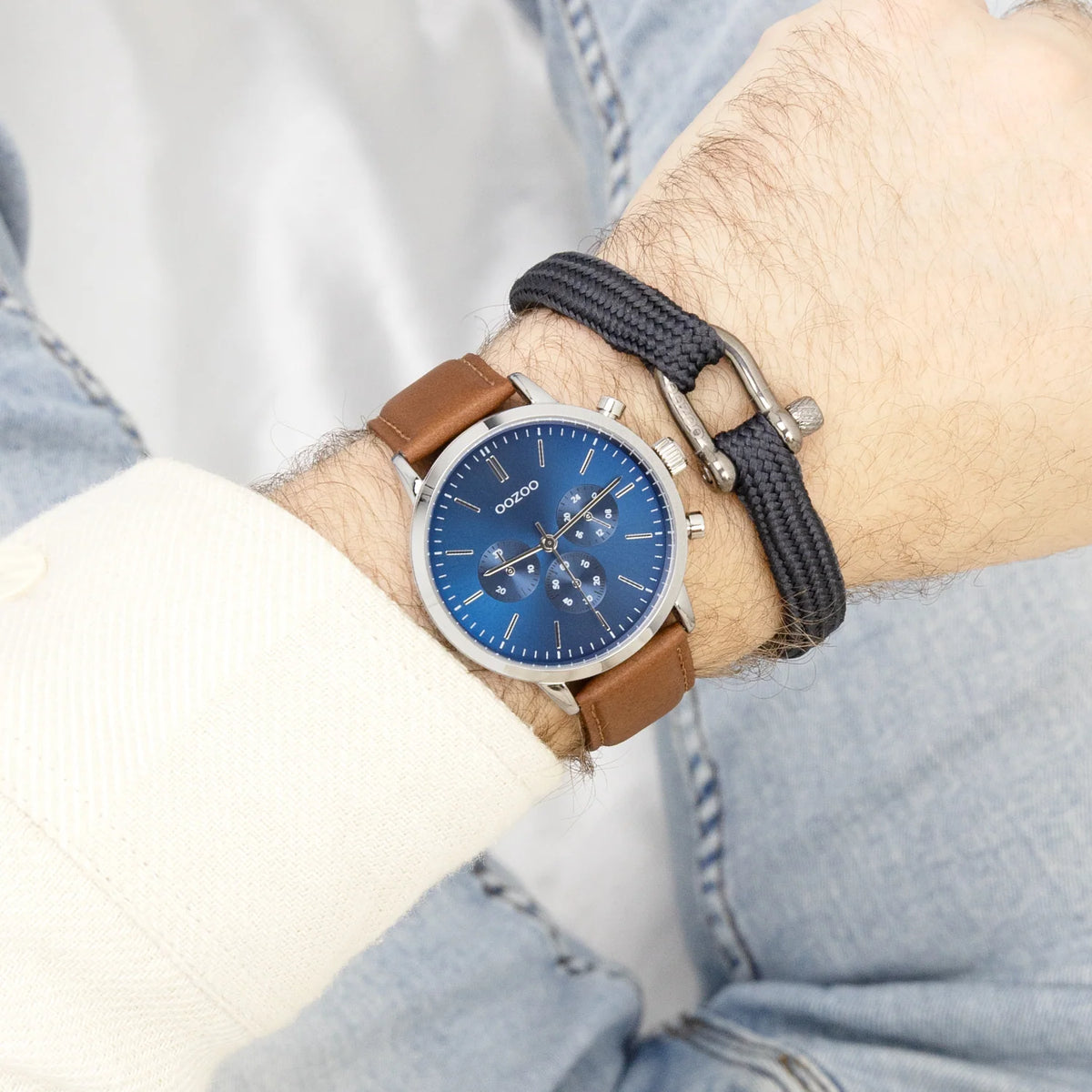 Zilverkleurige OOZOO horloge met bruine lederen band