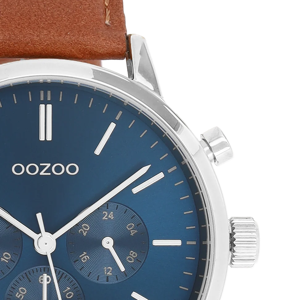 Zilverkleurige OOZOO horloge met bruine lederen band
