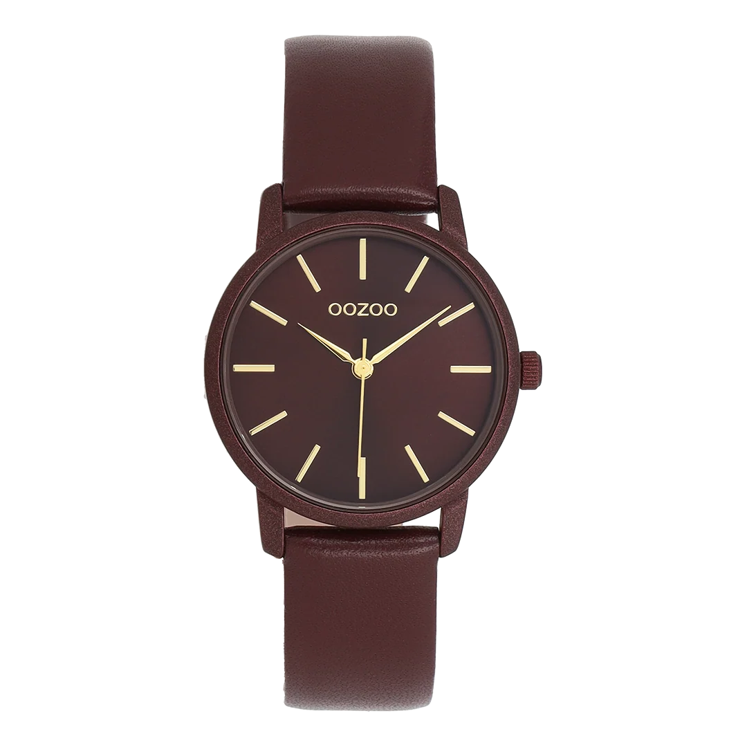 Bordeaux rode OOZOO horloge met bordeaux leren band