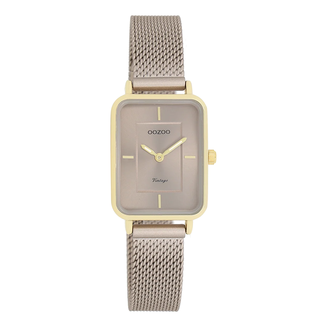 Goudkleurige OOZOO horloge met taupe metalen mesh armband