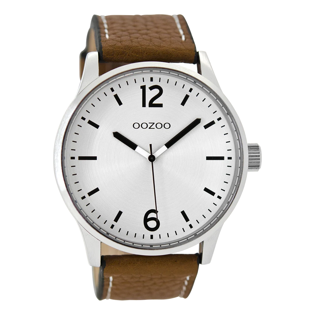 Zilverkleurige OOZOO horloge met cognac leren band