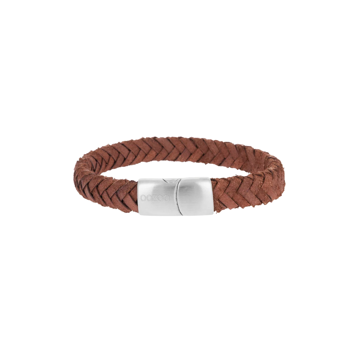 Cognackleurige gevlochten leren armband met zilverkleurige sluiting