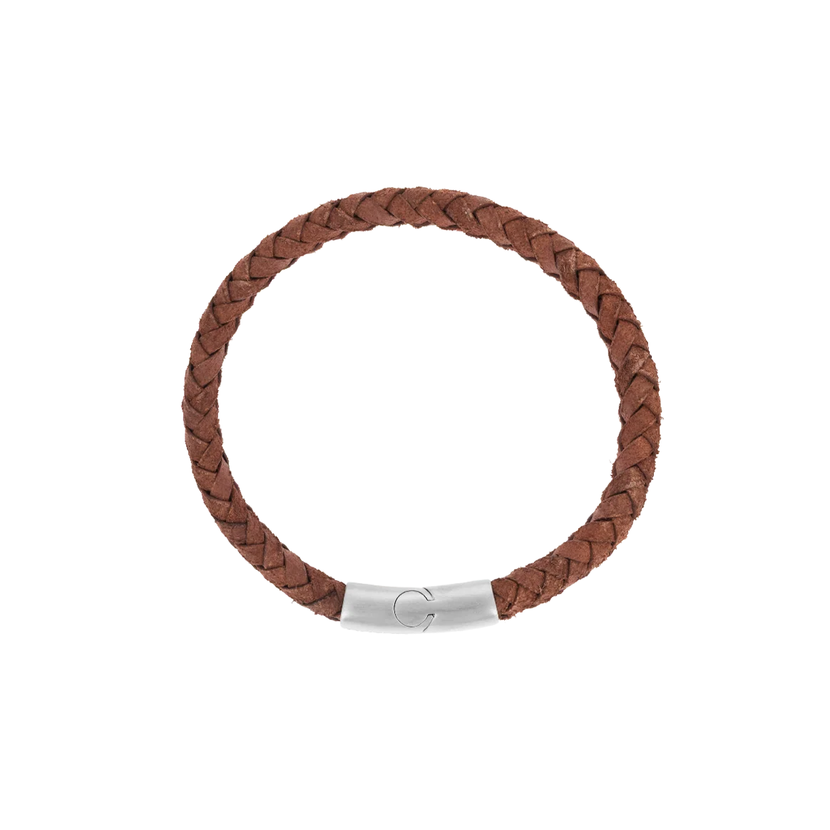 Cognackleurige gevlochten leren armband met zilverkleurige sluiting