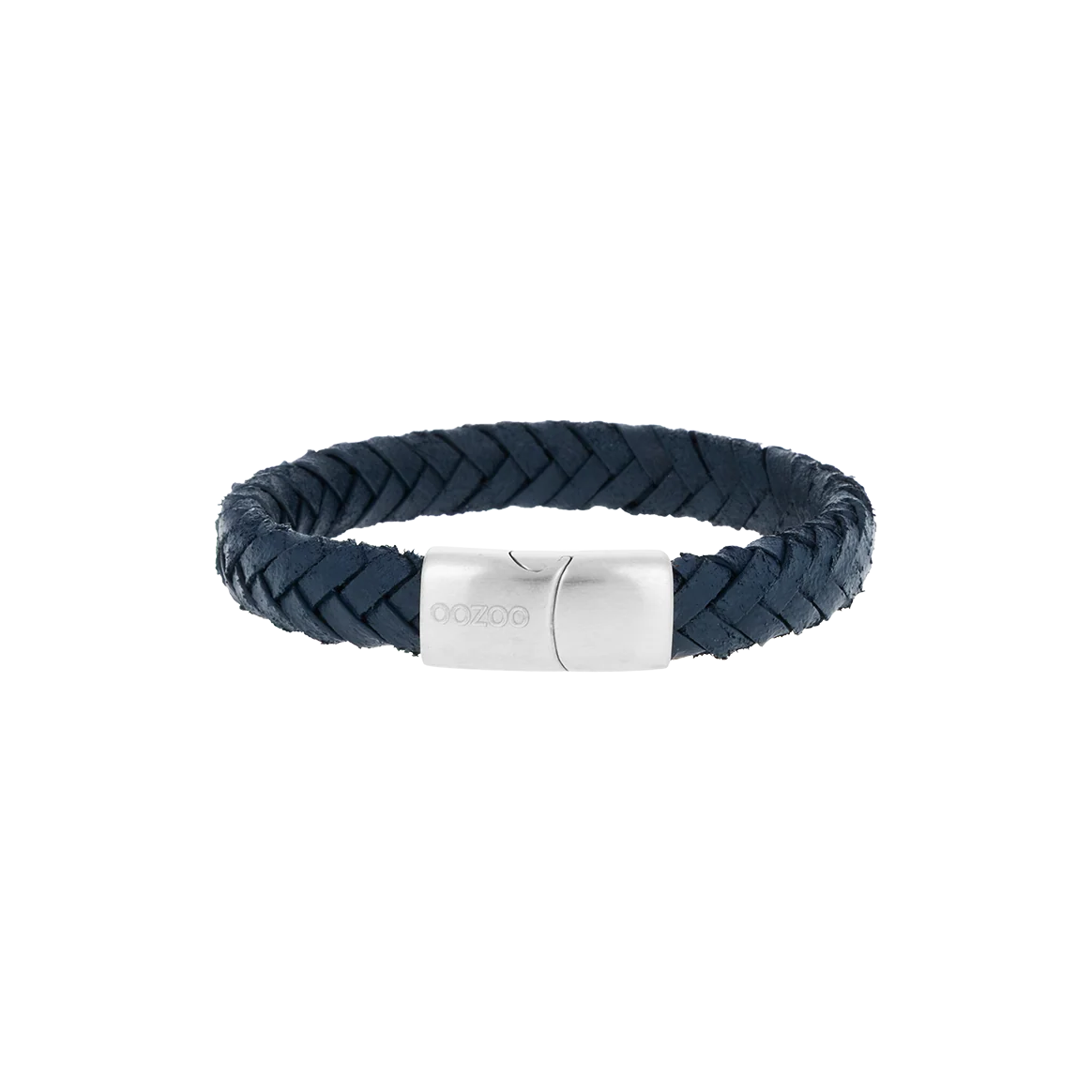 Donkerblauwe gevlochten leren armband met titanium sluiting