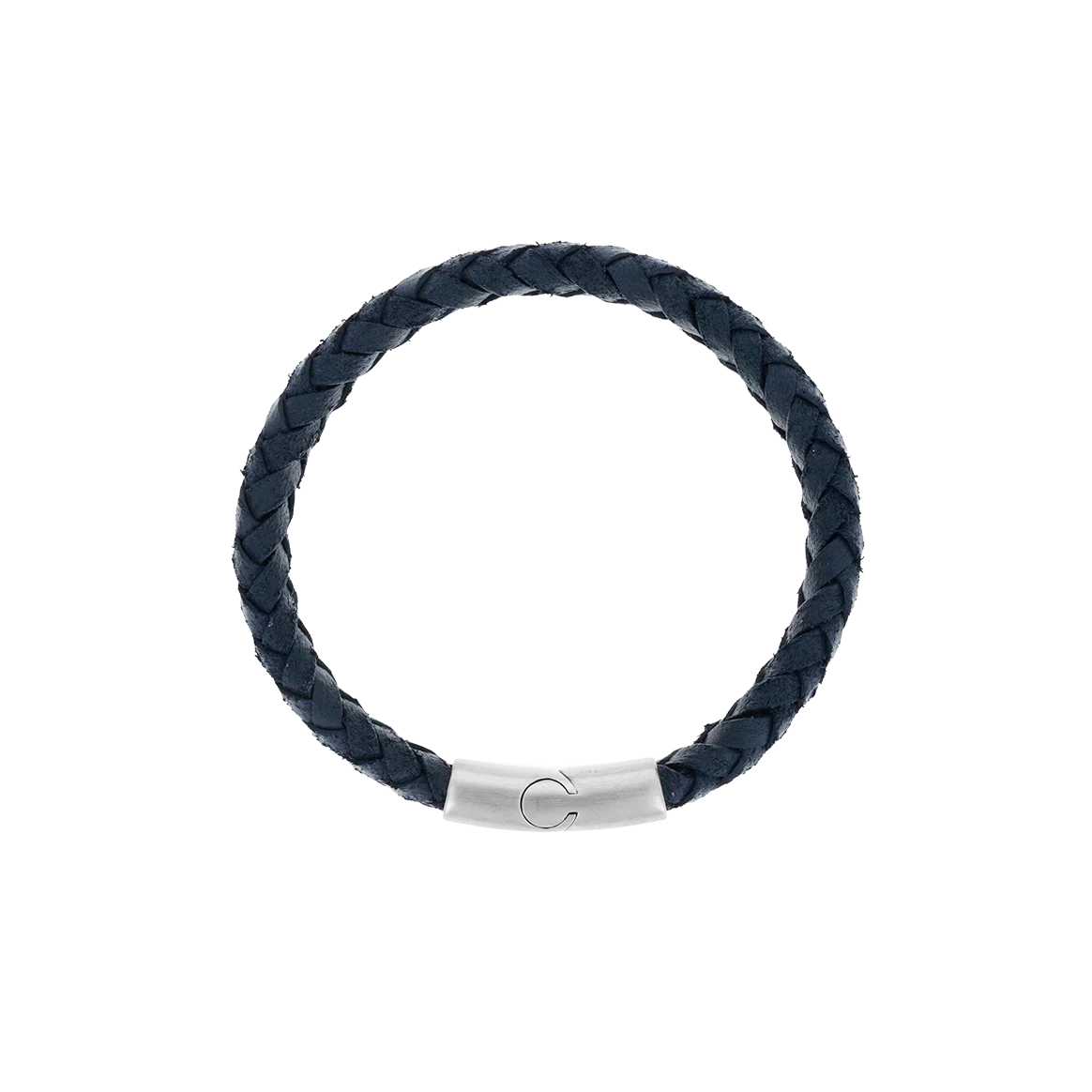 Donkerblauwe gevlochten leren armband met titanium sluiting