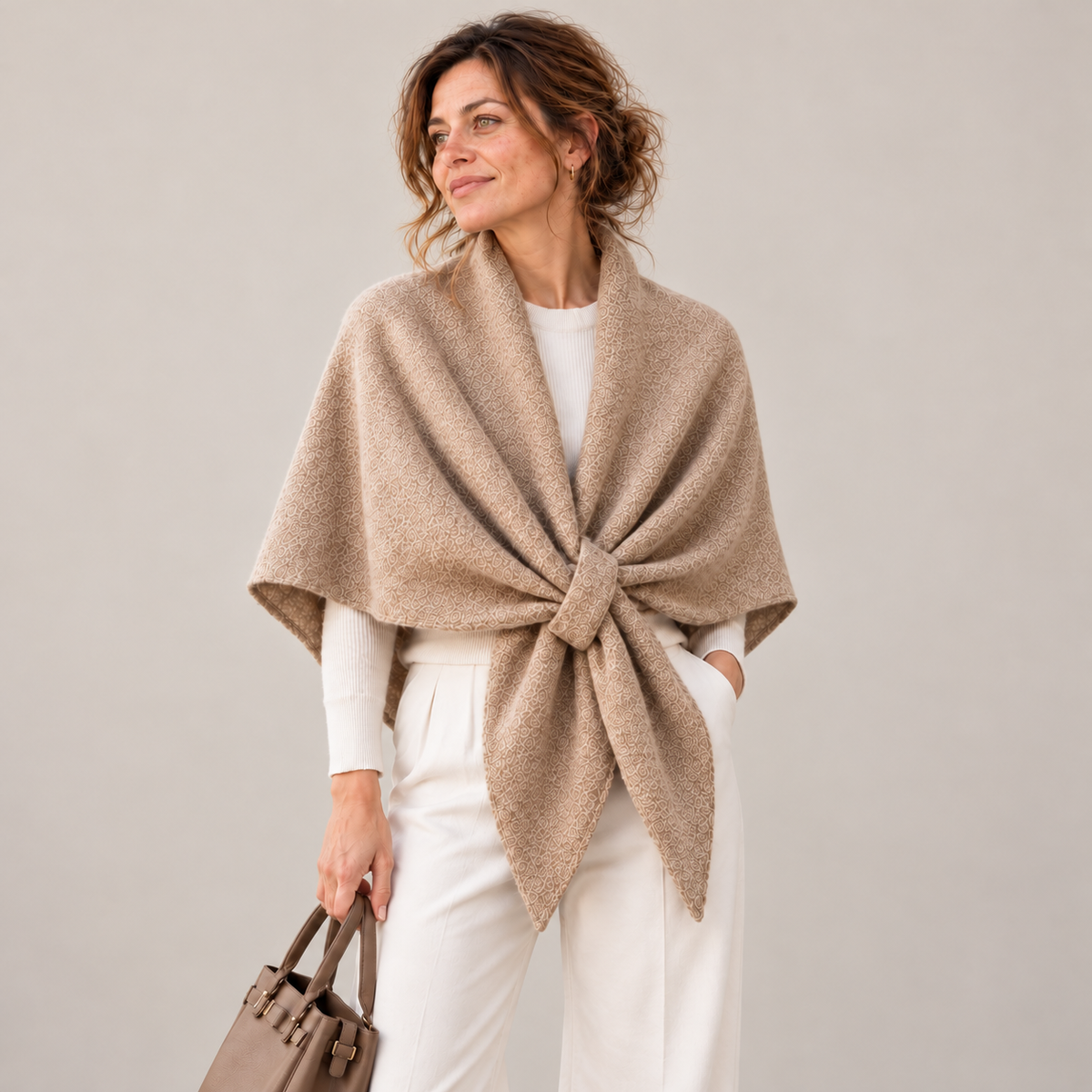 Sjaal driehoekige poncho met lus2-in-1 Beige